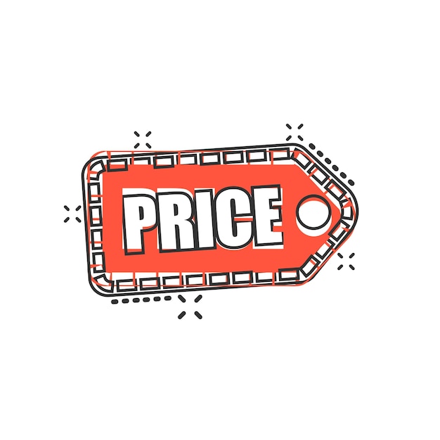 Vettore icona del buono prezzo in stile fumetto illustrazione del cartone animato vettoriale del cartellino del prezzo su sfondo bianco isolato effetto splash del concetto di business dell'adesivo di vendita