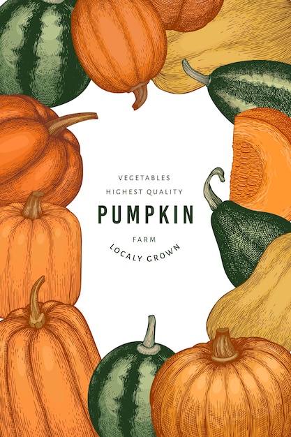 Vector pumpkin color design template vector hand drawn illustrations thanksgiving backdrop in retro style with pumpkin harvest autumn background
