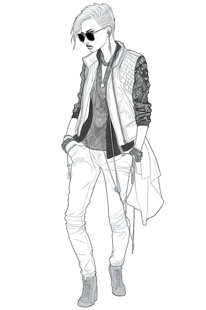 Vector punk inspired outfit fashion illustration high fashion coloring book page fine line