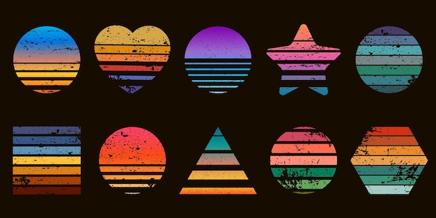 Vector retro gestreepte zonsondergangprints in hart-, ster- en cirkelvormen. t-shirtontwerp uit de jaren 80 met strandzonsopgang. geometrische zee surfen logo vector set