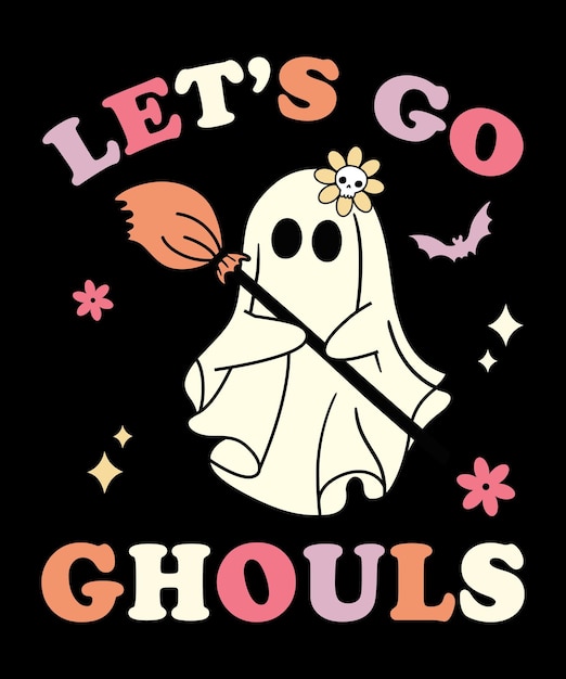 Vector retro groovy let's go ghouls halloween ghost costume halloween shirt print template