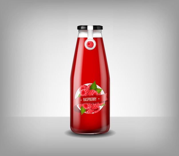 Vector realistic glass bottle of raspberry juice drink isolated