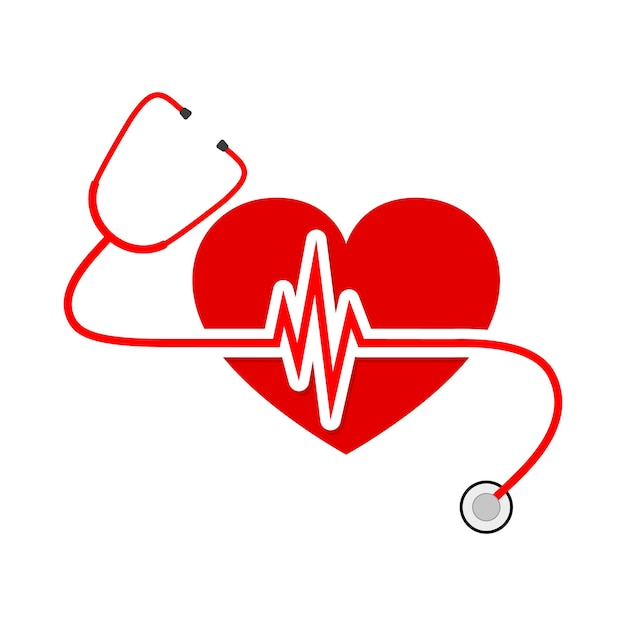 Красное сердце со стетоскопом и знаком сердцебиения. Векторная иллюстрация. Концепция здоровья человека.