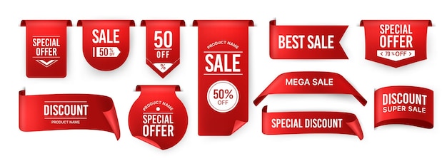 Red ribbon label Price discount promotion banner special offer sticker Vector isolated set