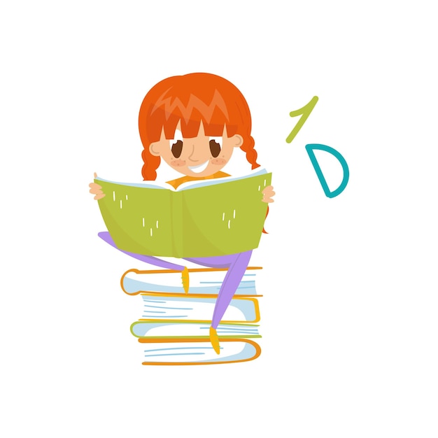 Вектор Рыжая маленькая девочка сидит на куче книг и читает концепцию образования и знаний красочный мультяшный вектор персонажа иллюстрация на белом фоне