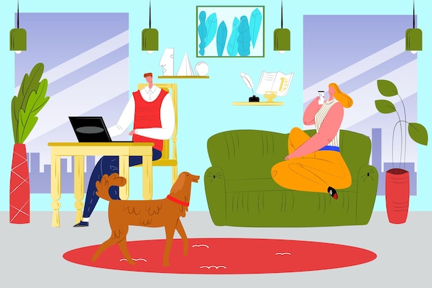 Работа дома, векторные иллюстрации. Плоский деловой человек характер использовать портативный компьютер в комнате, женщина-жена, сидя на диване. Рабочее место внештатного человека в интерьере квартиры с домашним животным собаки.