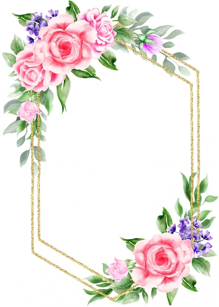 Vector watercolor floral vintage frame with gold border