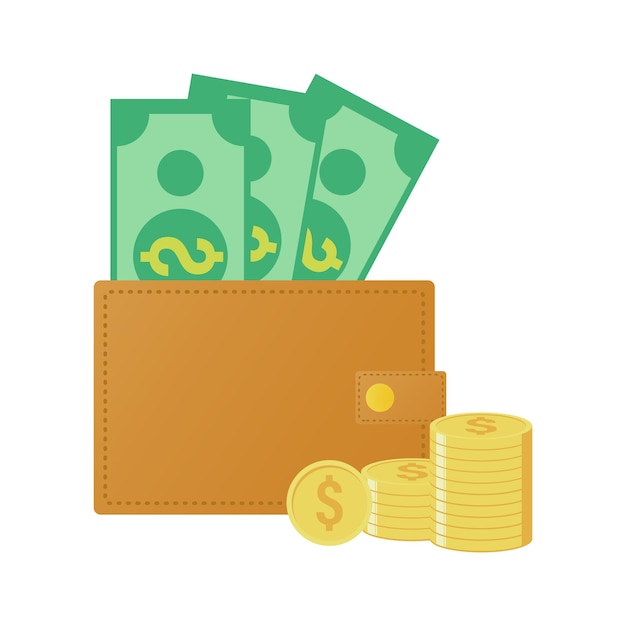 Wallet and stack money vector illustration banknote sign earning and prosperity symbol