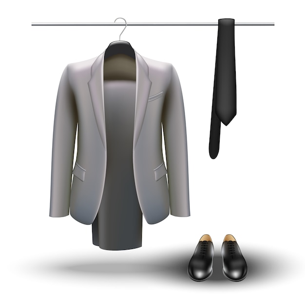 wardrobe concept. Businessman essentials, grey suit, tie and black shoes