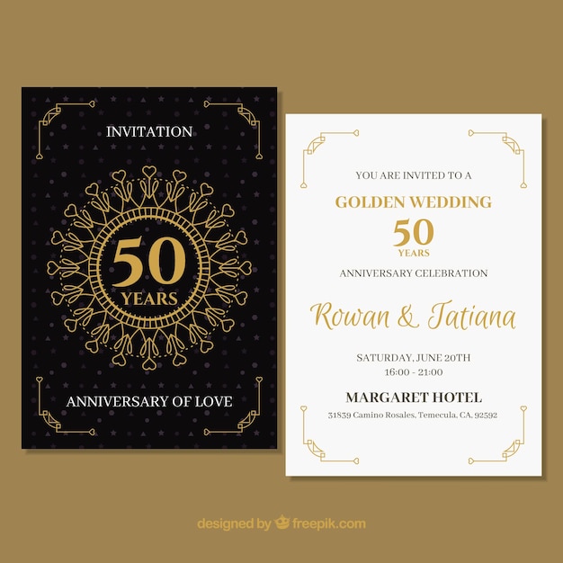 Вектор Свадебная юбилейная открытка с золотыми украшениями