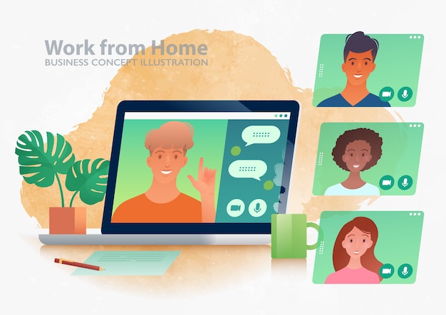 Vector werk vanuit huis concept illustratie met een zakelijke discussie tussen collega's via video call-app op de laptopcomputer