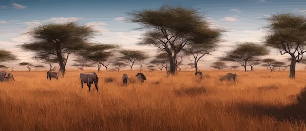 Vector wild savannelandschap savanne wilde afrikaanse natuur met bomen graszand en dieren afrika