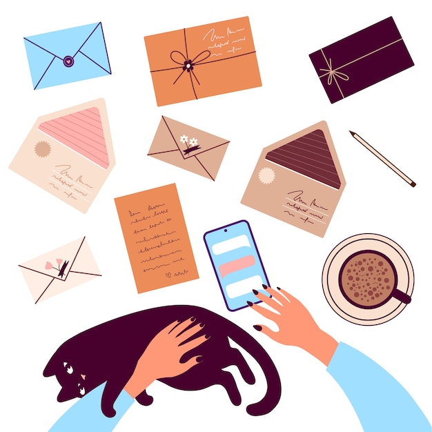 Вектор Вид сверху на женские руки, гладящие кошку и смотрящие на телефон с конвертами на столе