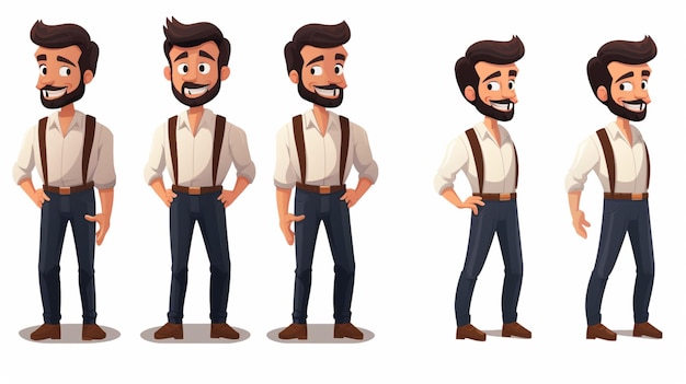 three different faces of a man with a beard and suspenders