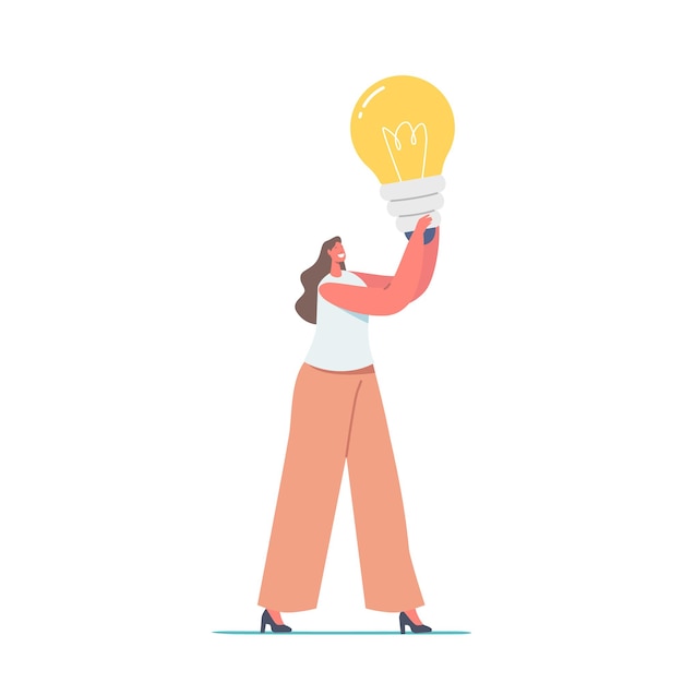 Вектор Крошечный женский персонаж с огромной светящейся лампочкой в руках. у деловой женщины есть творческая идея, муза, бизнес-видение, образовательная проницательность и мотивация, успех в бизнесе. векторные иллюстрации шаржа