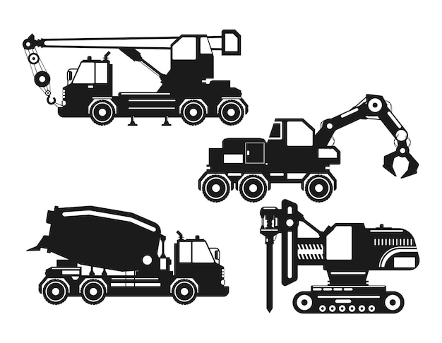 Vector truck excavator set isolated vector silhouette
