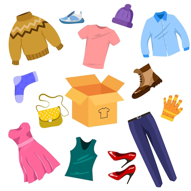 Вектор Использованная одежда для пожертвования или переработки набор иллюстраций