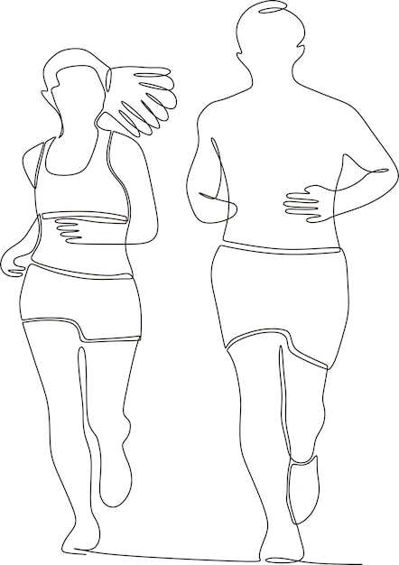 Вектор Векторный непрерывный рисунок линии мужчины и женщины, занимающихся спортом