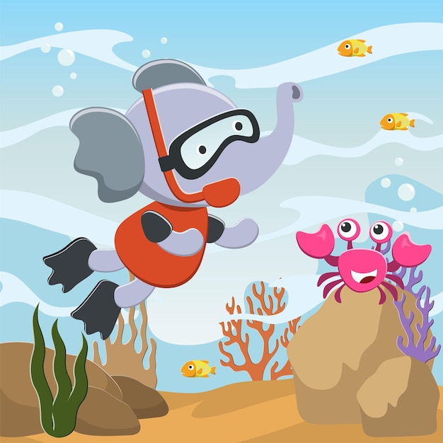 Vector vector illustration of little elephant diving in undersea adventure on a background of beautiful blue water