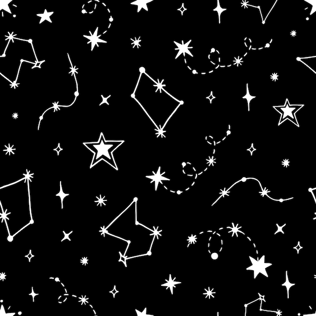 Vector seamless pattern of night starry sky. For design of surfaces, prints, wrapping paper, postcards, posters, printing. Theme space, Cosmonautics Day, astronomy, sky, stars