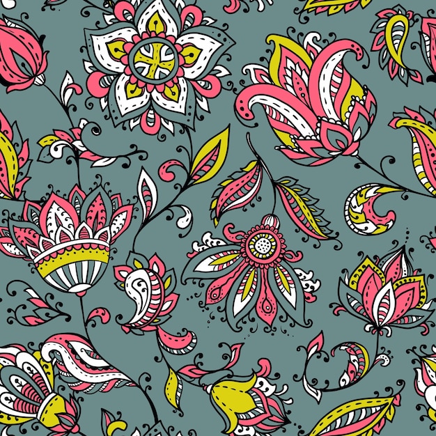 Vector seamless pattern with hand drawn paisley floral elements Beautiful colorful endless background in oriental indian style in bright colors
