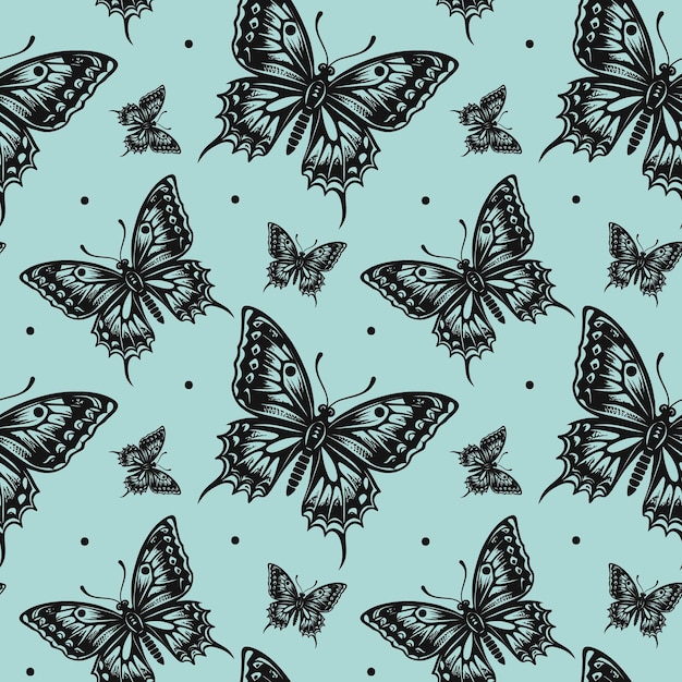 Винтажный рисунок с бабочками на синем фоне в стиле старой гравюры