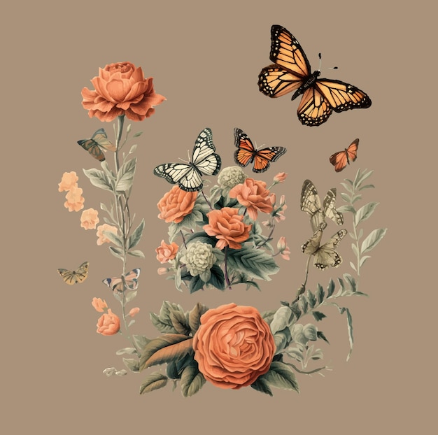 Vector vintage flower decorations and butterflies
