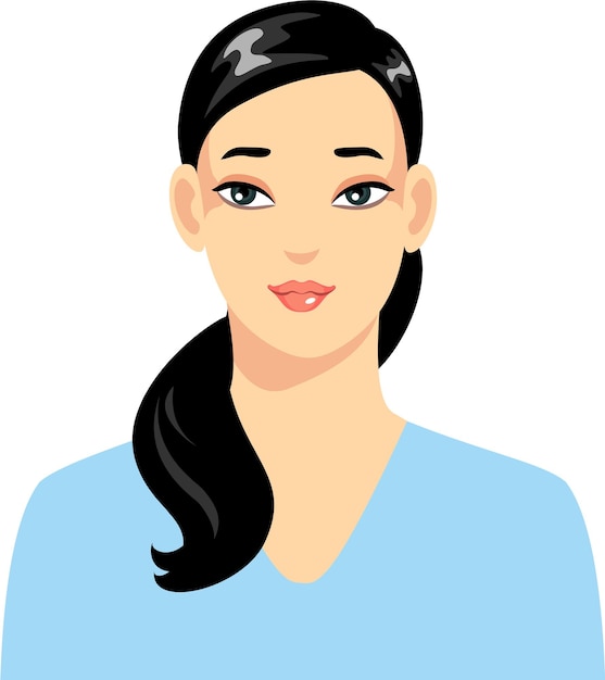 Vector young beautiful asian korean japanese woman with ponytail hairstyle avatar face portrait in flat sty