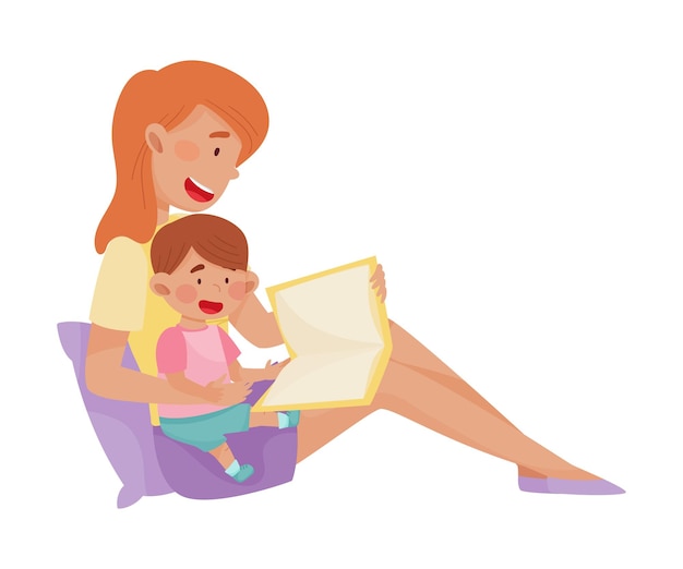 Вектор Молодая улыбающаяся мать и ее маленький ребенок сидят и читают книгу векторная иллюстрация женщина проводит время со своим ребенком