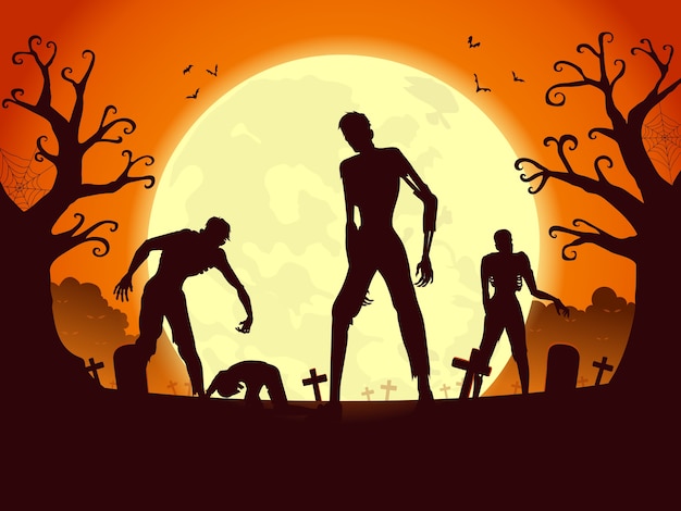 Воскрешение толпы зомби и выход из могилы в ночь полнолуния. Иллюстрация силуэтов для темы Хэллоуина.