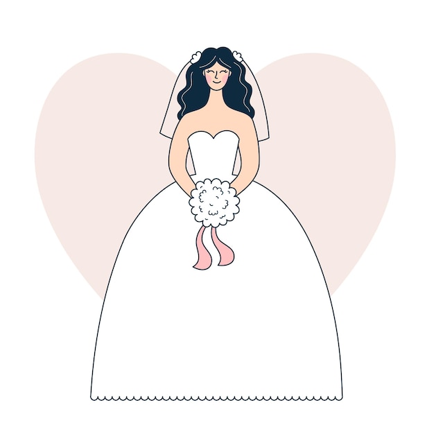 Plik wektorowy młoda kobieta w białej sukni ślubnej, panna młoda z bukietem na weselu, uroczysty uroczystości. ilustracja wektorowa w stylu konspektu, kolorowe doodle.