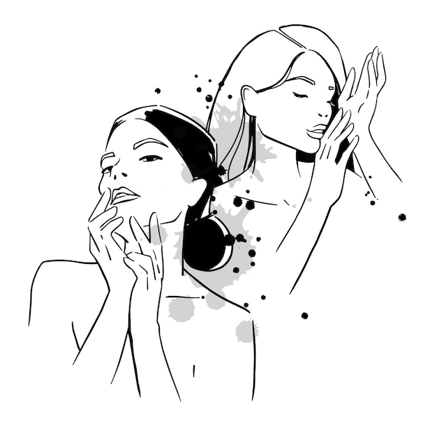 Plik wektorowy moda piękny portret dwóch młodych kobiet, rysunek linii urody