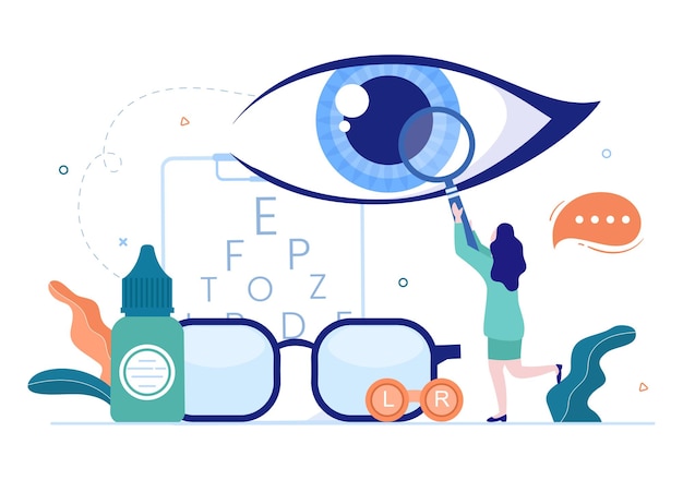 Plik wektorowy okulistyka check patient sight optical eyes test i wybór soczewek okularowych na ilustracji