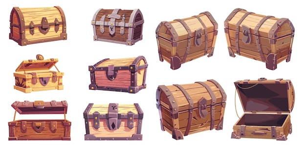 Animacja skrzyni Puste pudełko skarbów otwarte i zamknięte średniowieczne starożytne drewniane skrzynie gra stare skarby piratów