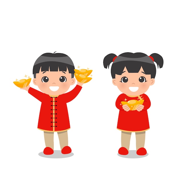 Plik wektorowy cute para dzieci trzymając złoto jako symbol bogactwa i dobrobytu szczęśliwego chińskiego nowego roku clipart na białym tle
