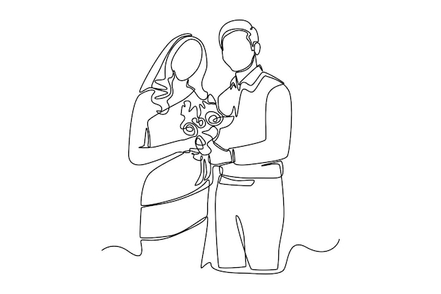 Plik wektorowy ciągłe rysowanie jednej linii panna młoda w sukience i pan młody stojący razem trzymając bukiet ślubny kwiatów koncepcja ślubu pojedyncza linia losowania projekt wektor graficzny ilustracja