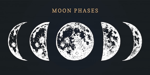 Fazy księżyca. Ręcznie rysowane ilustracja cyklu od nowiu do pełni księżyca.