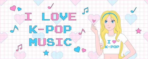 Plik wektorowy horyzontalny baner z nastolatką w stylu anime pokazujący koreańskie serce