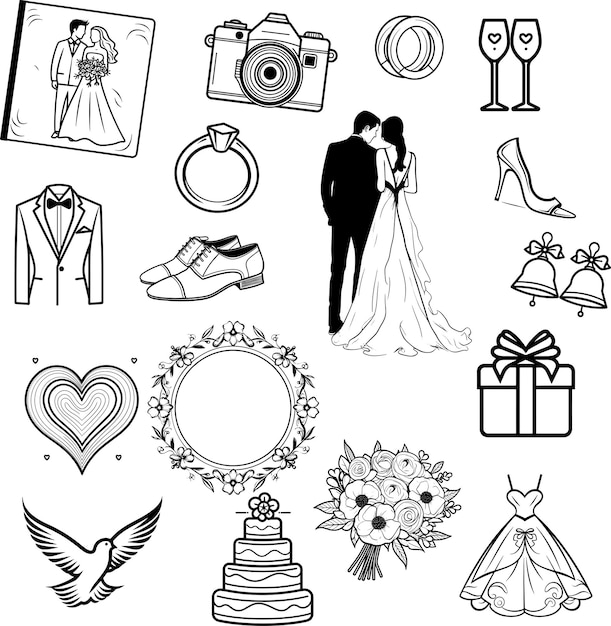 Plik wektorowy ilustracja wektorowa zestawu ikon ślubnych