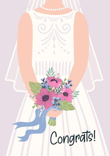 Plik wektorowy ilustracja uroczej panny młodej z bukietem kwiatów karta wektorowa dla koncepcji ślubu i inne
