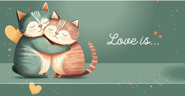 Kocia miłość. Para kotów przytulająca się, przytulająca i całująca. Karta walentynkowa. Walentynkowy plakat.