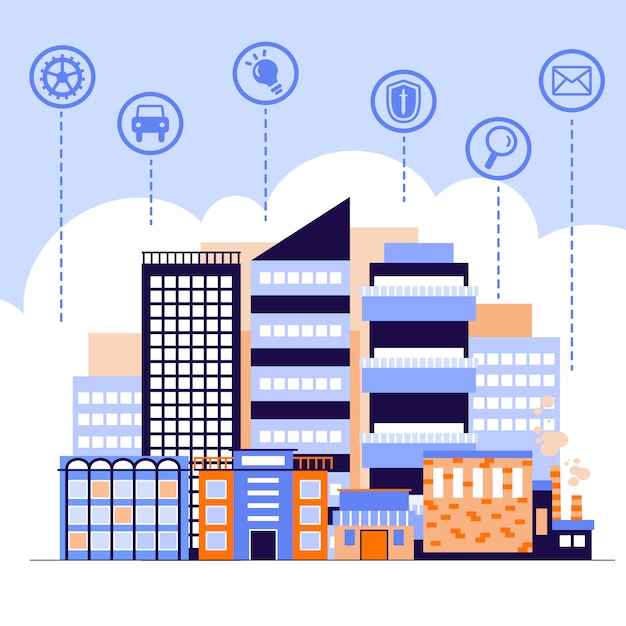 Plik wektorowy koncepcja inteligentnego miasta ze znakami biznesowymi płaskich ilustracji aplikacji mobilnych.
