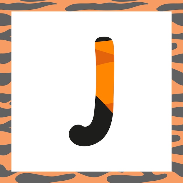 Plik wektorowy litera j z świąteczną czcionką i ramką z motywem tygrysa z pomarańczowym symbolem alfabetu w czarne paski...