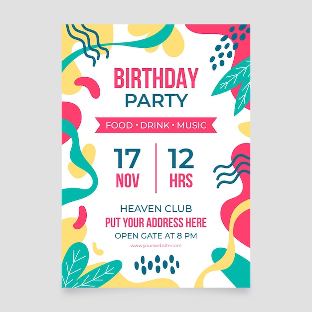 Plik wektorowy ręcznie rysowane abstrakcyjne kształty szablon zaproszenia urodzinowego
