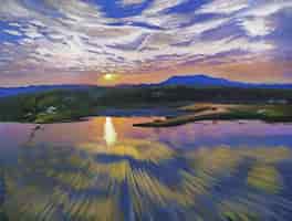 Plik wektorowy ręcznie rysowane akrylowe odbicie wody w kolorze i góry, widok nieba wieczorem natura krajobraz ilustracja
