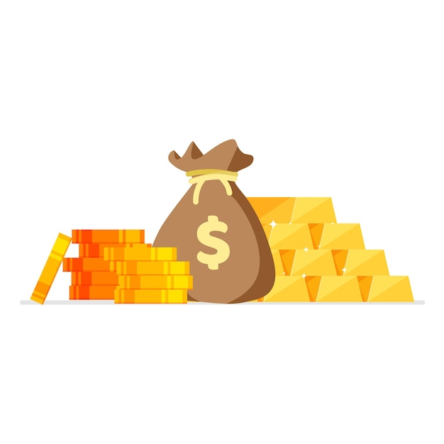 Plik wektorowy stos błyszczących sztabek złota lub sztabek i worek pieniędzy z monetami koncepcja biznesowa ikona dla gier internetowych