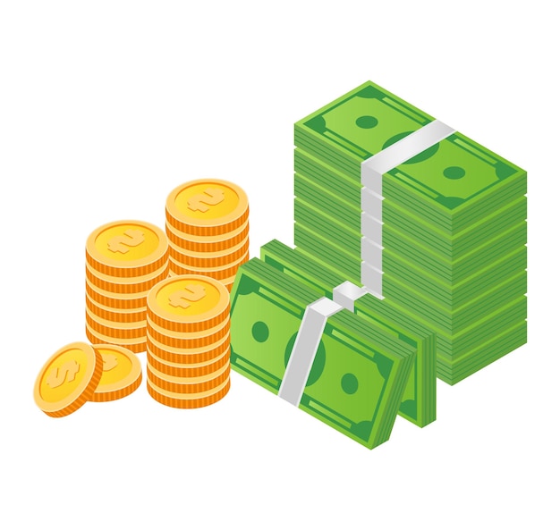 Plik wektorowy stosy zielonych banknotów obok złotych monet koncepcja sukcesu finansowego i oszczędności ilustracja wektora akumulacji bogactwa i oszczędzania bankowego