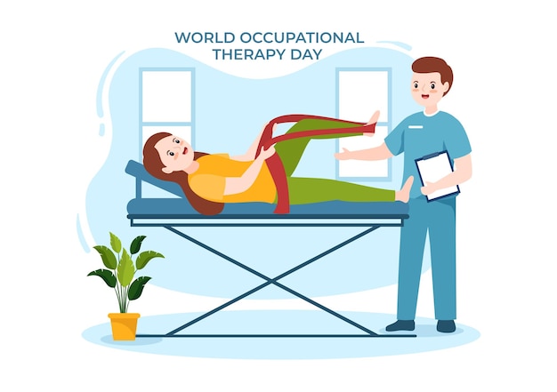 Plik wektorowy Światowy dzień terapii zajęciowej obchody ręcznie rysowane ilustracja kreskówka z fizjoterapeutami