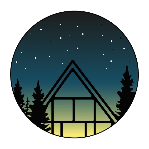 Plik wektorowy sylwetka domu szkieletowego w lesie na tle gradientowego nieba z gwiazdami
