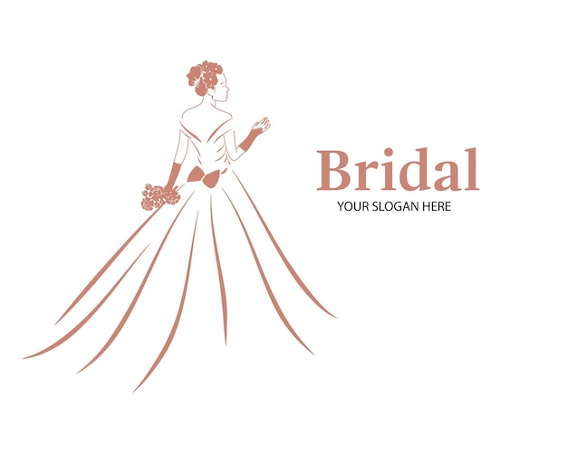 Plik wektorowy sylwetka panny młodej bukiet kwiatów koncepcja szablon logo dla nowożeńców
